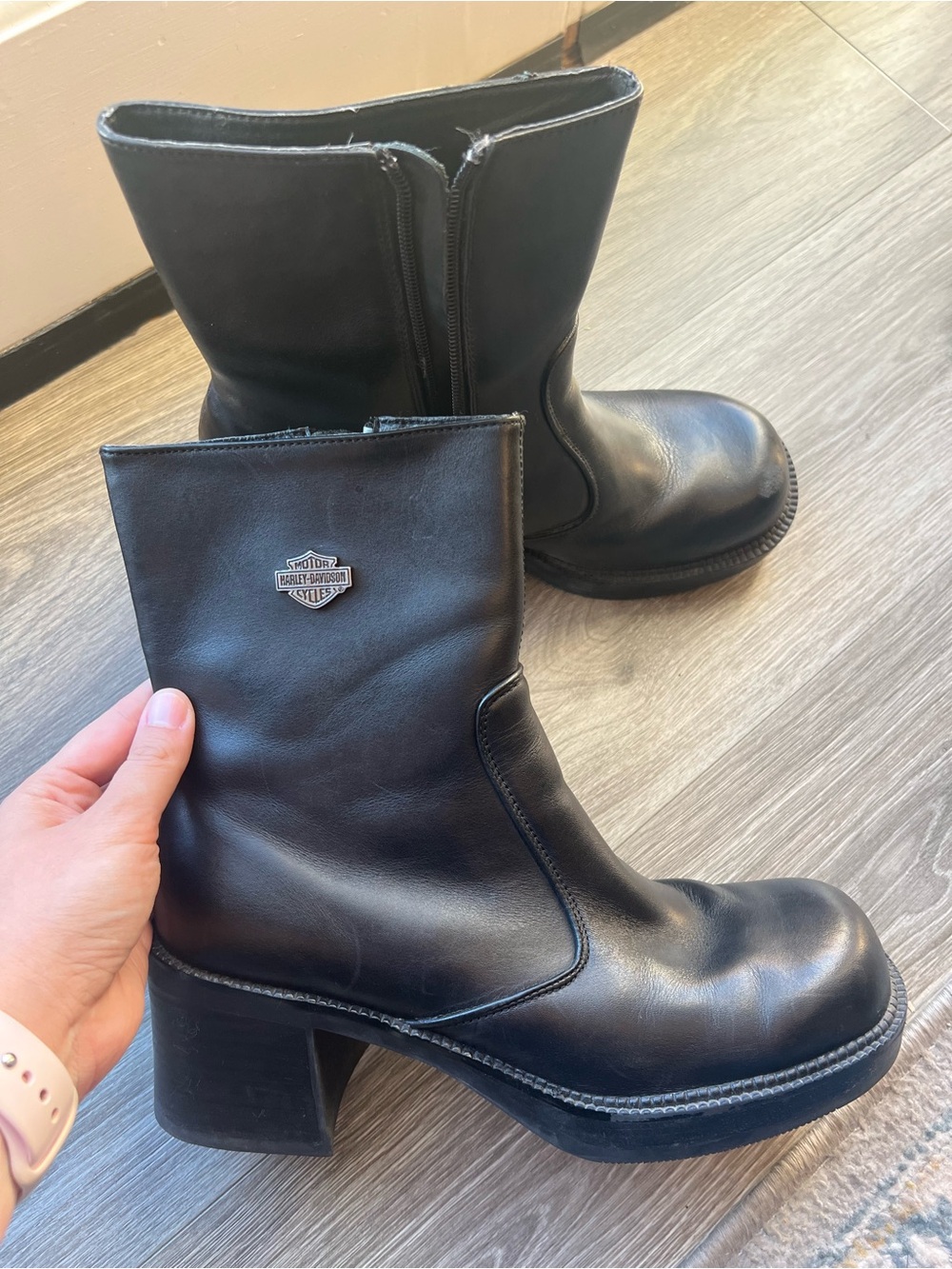 VTG Harley Davidson 81020 Black Leather Platform Boots Women's 10 Chunky Y2K
